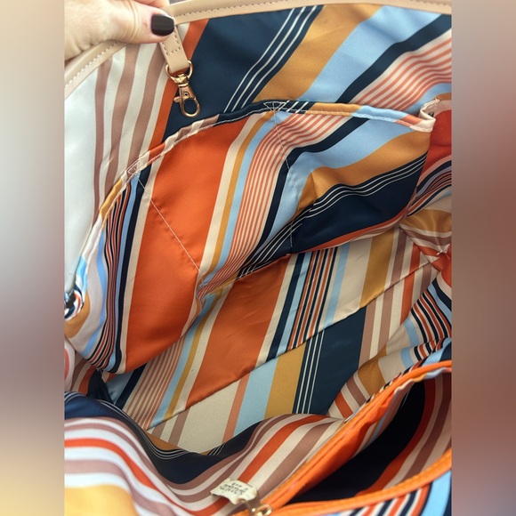 NWOT Spartina 449 Orange Navy Blue Tote Bag with Multi-color Silky Lining - Picture 11 of 15